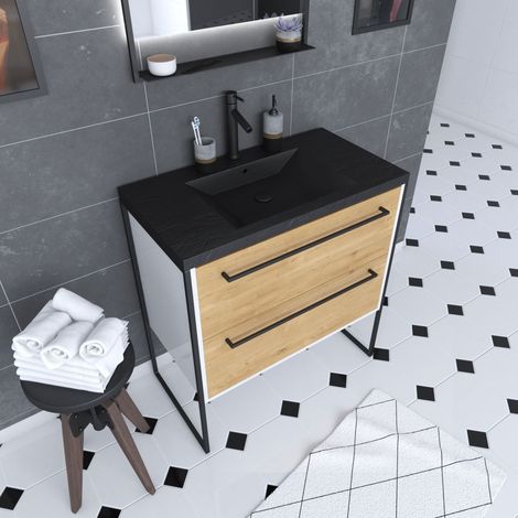 Mobile bagno 80x50 cm + 2 cassetti rovere naturale + lavabo in resina nero effetto pietra