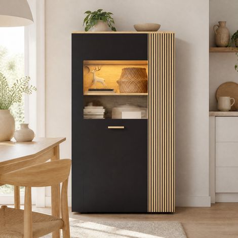 Credenza LED 16 colori con anta in vetro 80x40x146 cm nera e legno - FLORAGRACE (1/5)