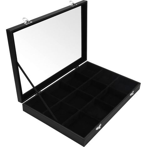 Rangement Bijoux en Velour Noir avec 12 Sections & Couvercle en Verre - Plateau Bijoux Feutre avec Compartiments Ajustables - Rangement Boucle d’Oreille, Bagues, Colliers & Bracelets (1/5)