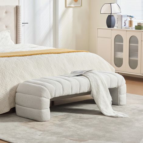 Banc moderne sans accoudoirs en chenille avec dossier, chaise longue et pouf pour salon, chambre et entrée – Ivoire (1/5)
