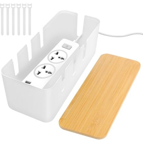 Kabelmanagementbox, Kabelmanagementbox mit Bambusdeckel, Steckdosenabdeckung zum Ordnen und Verbergen von Kabeln (Bianco)