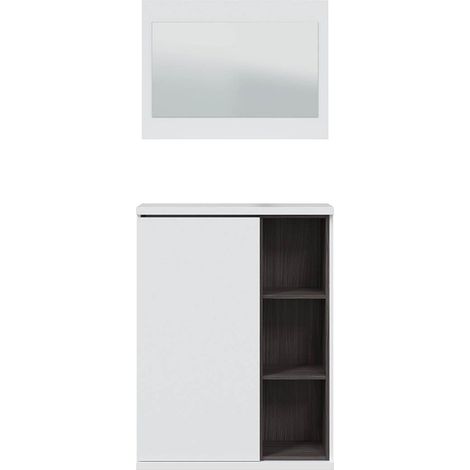 Meuble a chaussures + miroir - Mélaminé blanc et anthracite - 1 porte + 3 niches de rangement - L108 x P11 x H60 cm ADHARA (1/5)