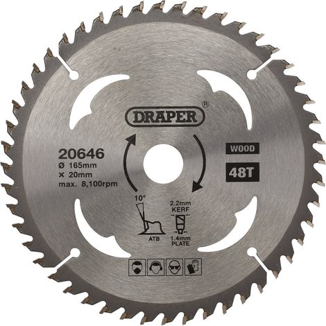 Draper TCT Circular Saw Blade for Wood – 165mm Diameter, 20mm Arbor, 48 Teeth, Model 20646 (1/5)