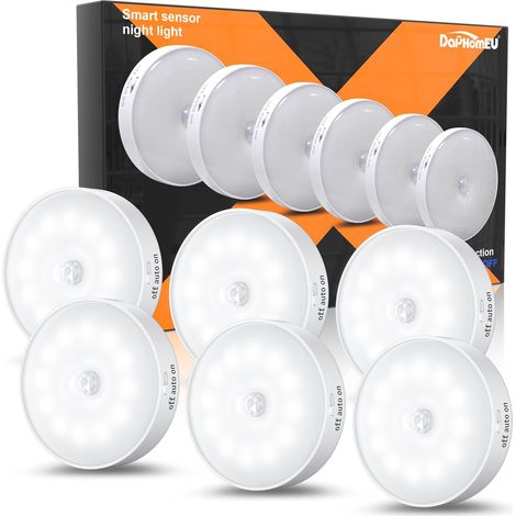Lot de 6 veilleuses avec détecteur de mouvement,Lampe LED rechargeable USB à 3 Modes éclairage,Lumiere detecteur de mouvement interieur pour éclairage d'escalier, couloir,chambre, cuisine (1/5)