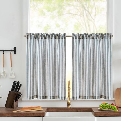 Lot de 2 rideaux à rayures pour bistro, H60 x L90 cm, bleu sur beige (1/5)