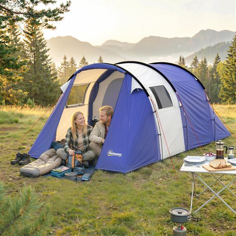 Tente camping 4 Bleu personnes 2 chambres imperméable 3000 mm tapis sol + sac foncé 420x300x200 cm