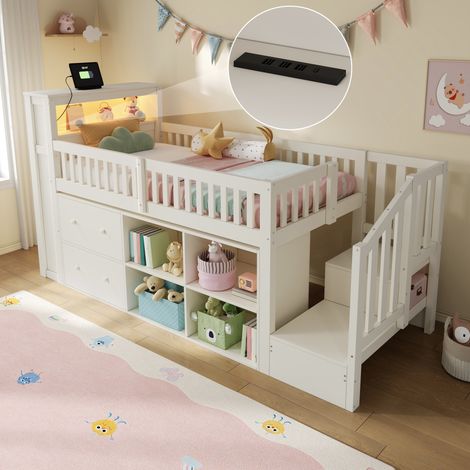 Cama de altura media, 90 x 200 cm, con cajones, compartimentos de almacenamiento, armario tipo escalera, iluminación LED, colchón no incluido, blanca. (1/5)