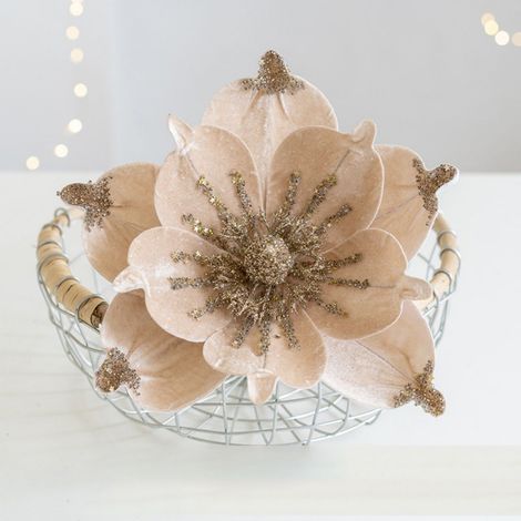 Fleur Artificielle - Magnolia En Tissu Avec Paillettes - Décoration De Noël Et Événements - 24 cm - 1 Pièce (1/4)