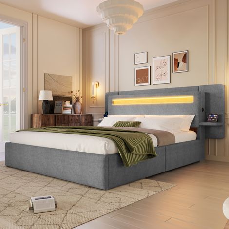 Lit coffre rembourré 140 x 200 cm, lit double avec rangement hydraulique, chevet intégré, port USB et éclairage LED multicolore,gris (1/5)