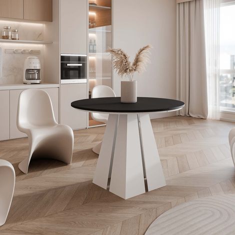 Table à Manger Extensible FORTE - 4-6 personnes - Ronde - Blanc/Noir - 100x76 cm (1/5)