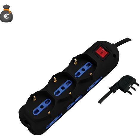 Multiprise Électrique 9 Prises: 6 Bipolaires 10/16A + 3 Schuko, Câble 1,5M, Fiche Coudée 16A 90°, Interrupteur Lumineux, Noir - Alc-Mp9-Bk (1/3)