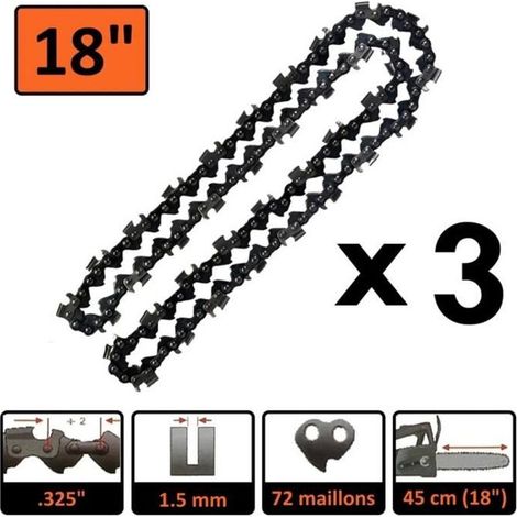 Lot de 3 chaînes 18 pouces (45 cm) 72 maillons pour tronçonneuse (1/2)
