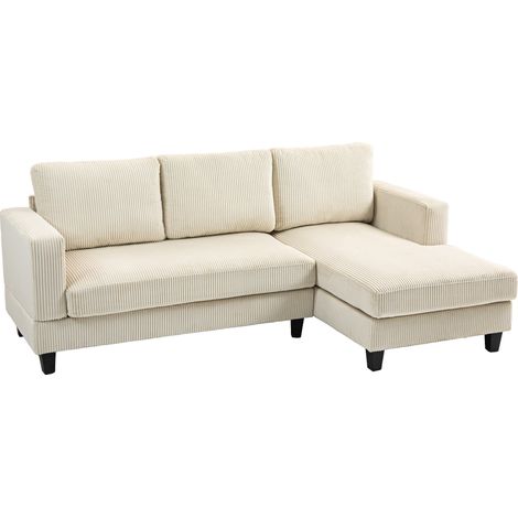 Canapé d'angle en velours côtelé 3 places avec méridienne et coussin à ressorts épais, largeur 214 cm, beige (1/5)