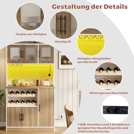 Meuble de cuisine haut avec éclairage LED et prise intégrée, armoire de rangement moderne à portes en bois, étagère à vin et porte-verres, grand placard de cuisine, 100x40x180 cm (1/4)