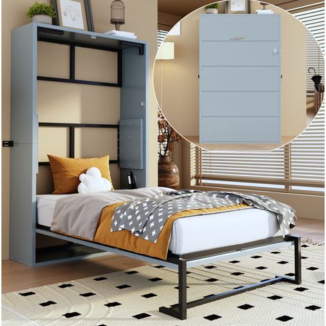REDOM - Letto a scomparsa 90x200 cm con bloccaggio a parete metallo e legno grigio (Senza materasso) (1/5)