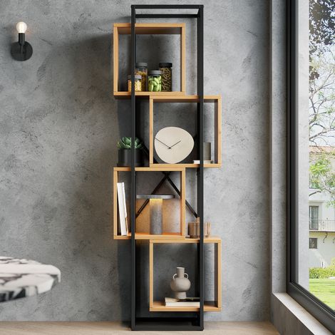 Libreria da terra 59x30x180 cm in metallo e MDF, 4 ripiani aperti, design impilabile, OKWISH (1/5)