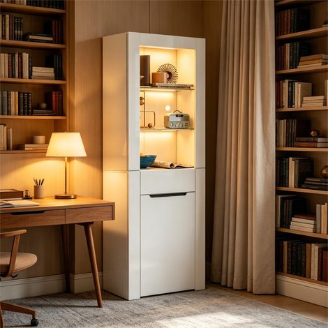 N625P216796797W Vetrina con luci LED integrate, libreria, schedario, vetrina autoportante, mobile contenitore con ripiani, vetrina, mobile da cucina, libreria per cucina, soggiorno, ufficio, sala da p