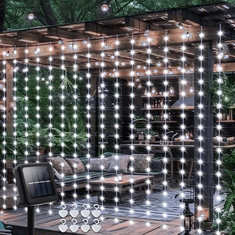 Guirlande lumineuse solaire de 2,4 m x 1,8 m, 144 LED pour extérieur, étanche, avec minuterie, 8 modes pour jardin, patio, clôture, pergola, décoration (blanc chaud) (1/5)