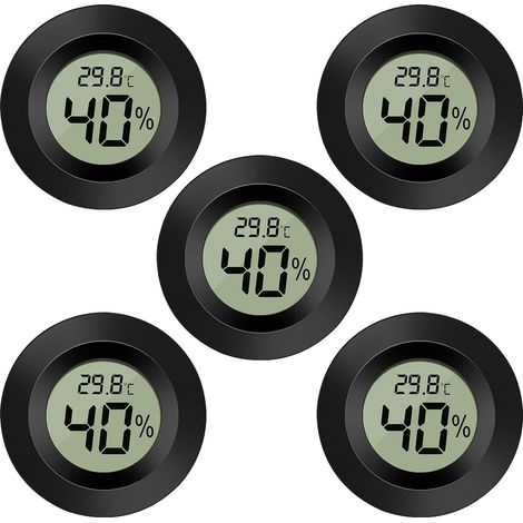 5er-Pack digitales LCD-Hygrometer-Thermometer, Temperaturanzeige für Luftbefeuchter, Luftentfeuchter, Gewächshaus, Keller, Babyzimmer, rund, schwarz (1/5)