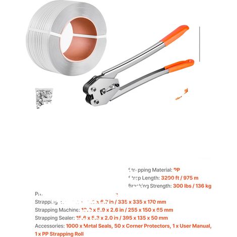 Kit de herramientas para flejado, 3200 pies de fleje de polipropileno, 1000 clips metálicos, 3200 pies de fleje (1/2)