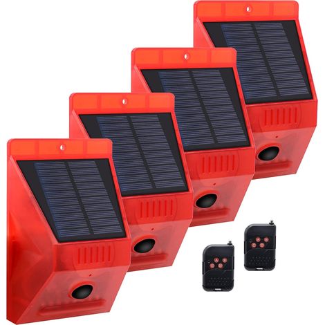Alarme extérieure à détecteur de mouvement solaire avec sirène de sécurité 129 dB, étanche IP65, idéale pour villas, poulaillers, fermes et jardins (lot de 4). (1/5)