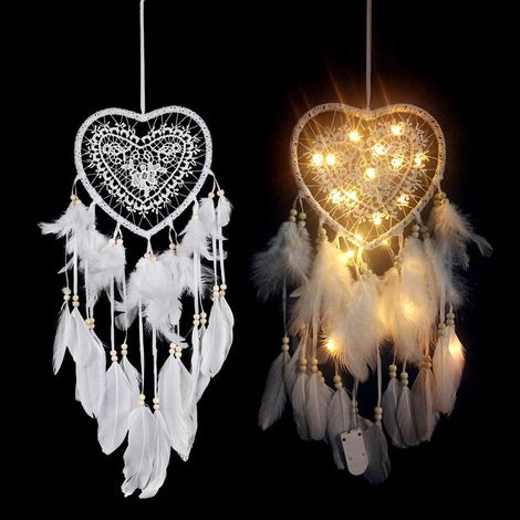 Attrape-rêves en plumes blanches, forme cœur, fait main, avec guirlande LED lumineuse, décoration murale élégante, capteur de rêves artisanal lumineux pour chambre. (1/5)