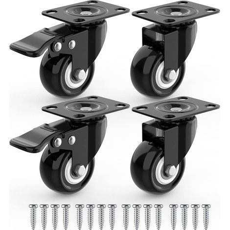 4 Roulettes Pivotantes Pour Meubles dont 2 avec Frein + Vis - 40mm Jusqu'à 80KG - Roulette Sans Traces au Sol pour Charge Lourde - Roue en Caoutchouc pour Chariot - Noires
