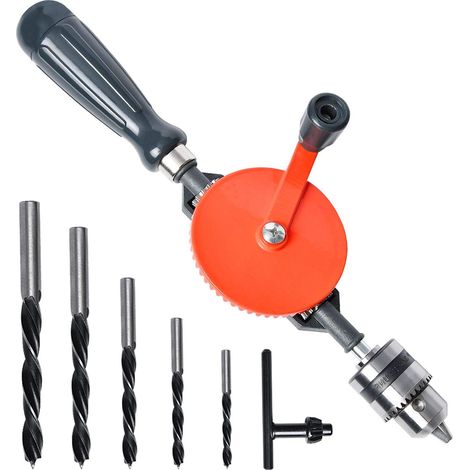 Taladro manual. Taladro manual potente y rápido con mango antideslizante y portabrocas de acero inoxidable fundido de 5 piezas para madera, plástico y acrílico. (1/5)