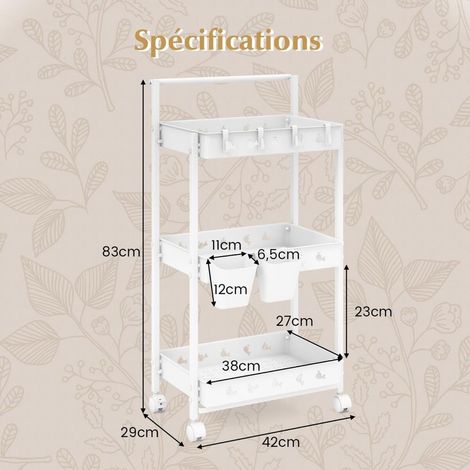 42x29x83 cm 3 Niveaux Desserte Roulante Chariot Mobile Stockage d'Appoint Cuisine Salle de Bain et Garage Blanc (1/5)