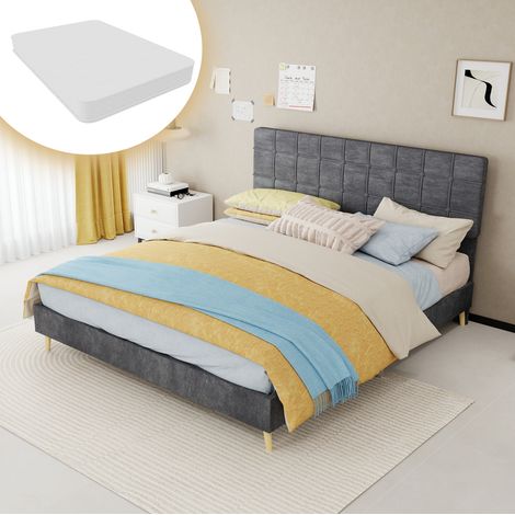 Bett 160x200 cm aus grauem Stoff mit gepolstertem Kopfteil, Matratze inklusive OKMYHOME (1/5)