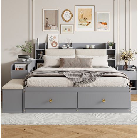 Letto matrimoniale combinato moderno 140x200 cm in legno massello grigio con testiera imbottita, cassetti e mobili contenitore (1/5)