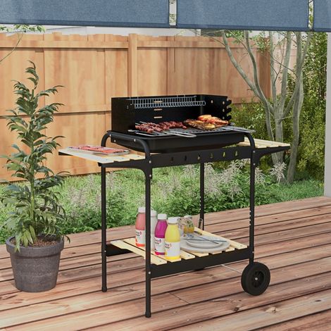 Barbecue sur pied au charbon avec grille réglable, 2 roues, 3 étagères et récupérateur de cendres, noir (1/5)