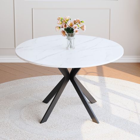 Table à manger ronde 110 cm effet marbre blanc en MDF avec base X noire (1/5)