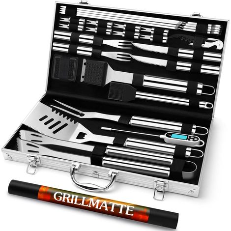 26pcs Kit d'accessoires pour Barbecue, Ensemble d'ustensiles de Barbecue en Acier Inoxydable pour Cadeau Homme，Outil de Barbecue Set avec Boîtier en Aluminium argenté (1/5)