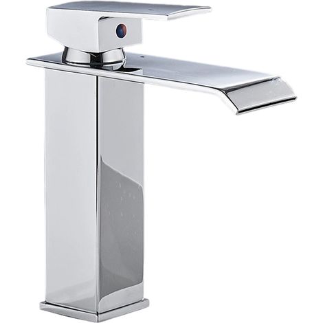 Robinet de lavabo cascade à large ouverture en acier inoxydable poli miroir, coude carré, robinet d'eau chaude et froide sur comptoir (1/5)