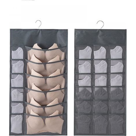 Gray 2PCS Hanging Storage Bag Underwear Organizer for Wardrobe Double-Sided Closet Wardrobe Hanger Shelves for Bras, Underwear, Ties, Socks, 30 Pockets (1/4)