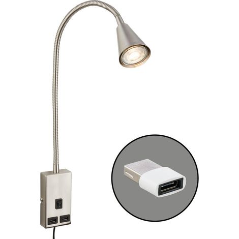 Leselampe LED Bettlampe Wandlampe Schwenkbar 2x USB Port Kabelschalter GU10