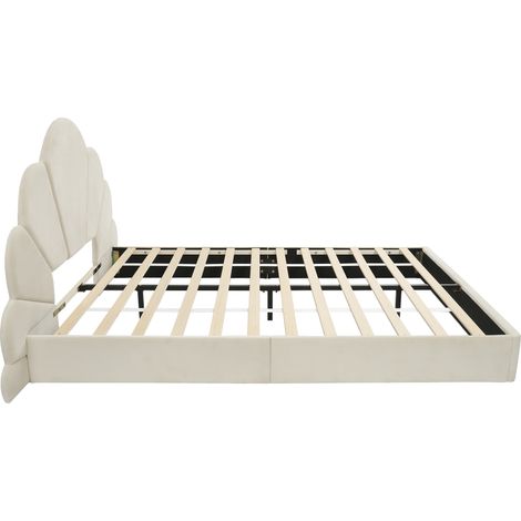 Cama doble tapizada 140x200 cm de terciopelo beige con cabecero floral y somier de lamas (1/5)