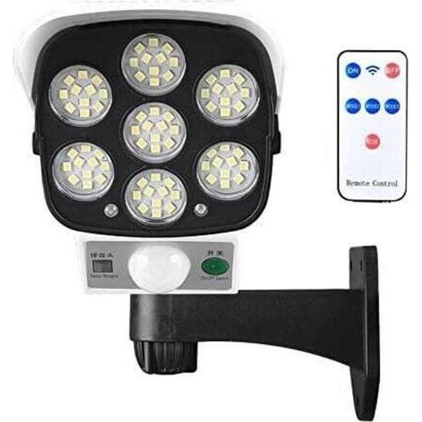 Lampe solaire d'extérieur avec détecteur de mouvement sans fil et caméra de sécurité factice IP66 étanche 77 LED lampe murale spot pour cour, jardin, terrasse, garage, allée..