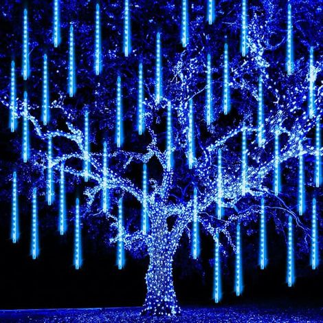 Ecleanfy - Guirlande lumineuse étanche pour sapin de Noël extérieur, en forme de pluie d'étoiles filantes, avec prise, décoration de sapin de Noël flocons de neige et stalactites, bleue (1/4)