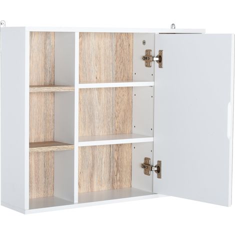 Specchio Armadietto da Bagno Pensile 60x14,5x49,4 cm in MDF e Truciolato Bianco e Legno Naturale (1/5)