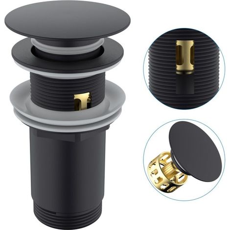 Bonde de Lavabo avec/sans Trop-Plein, Bonde Clic Clac avec Panier Filtrant, Bouchon Vidage Pop-Up for Salle de Bain, Universel G 1 1/4, Noir