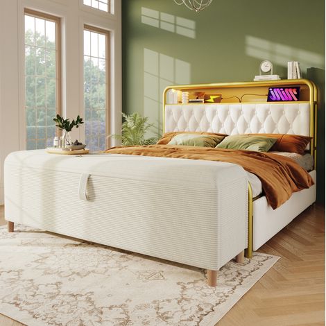 Panca letto 145 x 38 x 46 cm beige, contenitore idraulico, tessuto corda e legno, MEUBLIV (1/5)