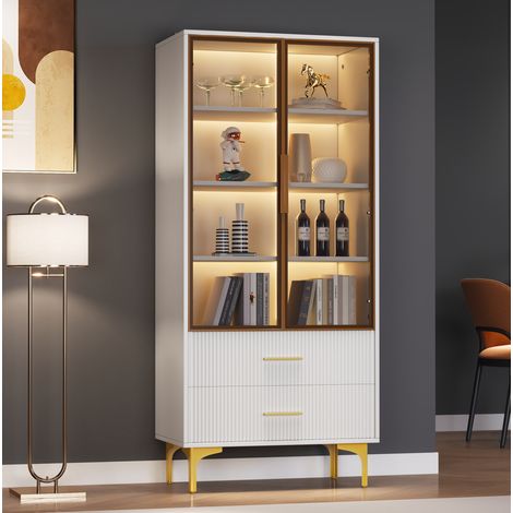 Vitrine aus Spanplatte in Weiß mit Glastüren in Teeton, 70 x 35 x 150 cm, 2 Schubladen, 2 verstellbare Einlegeböden, LED (1/5)