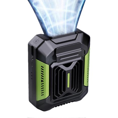 Ventilateur mains libres à clip ceinture pour travaux extérieurs, rechargeable par USB avec batterie externe, rafraîchissement personnel portable pour la construction, le vélo et le camping (vert). (1/4)