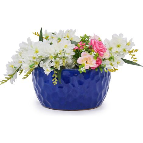 Lot de 3 pots de fleurs en céramique bleu antique texturée, résistants au gel, à la chaleur et aux intempéries, avec drainage, pour intérieur et extérieur CHICFURN (1/5)
