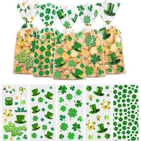 Sac À Bonbons Saint-Patrick - PVC Vert Avec Motif Chapeau Et Trèfle - 27 x 12,5 cm - 50 Pièces + 60 Liens Torsadés (1/5)