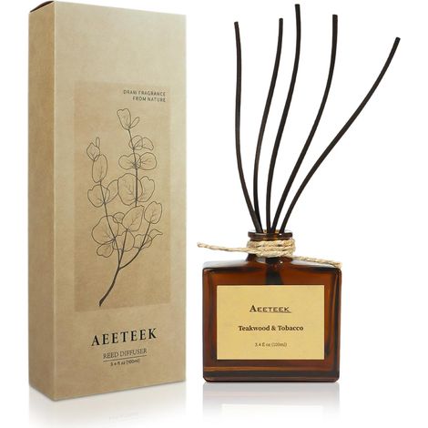 Diffuseur d'huiles essentielles de Bois de Teck et de Tabac avec Fleurs séchées, 100ml Huile parfumée musc, Fait à la Main diffuseur Parfum Maison pour Bureau, Salle de Bain (1/5)