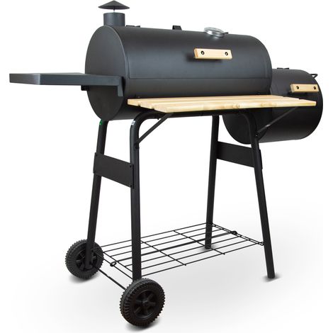 Barbecue charbon de bois, fumoir avec roues et thermomètre, surface de cuisson 59x25.5cm