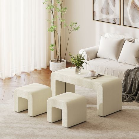 Juego de 3 Bancos Zapateros Grande y 2 Pequeños Modernos de Pana Diseño Compacto Mesa Auxiliar 104x44x48 cm Crema